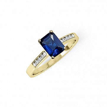 Cubic Zirconia, Emerald Ring - Y/G Emerald Cut Blue CZ Ladies Ring - by Hearts Forever Jewellers
