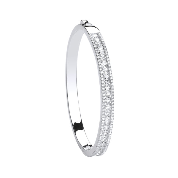 Sterling Silver Cubic Zirconia Bracelet - Silver Hinged Princess Cut & Round CZs Bangle - by Hearts Forever Jewellers