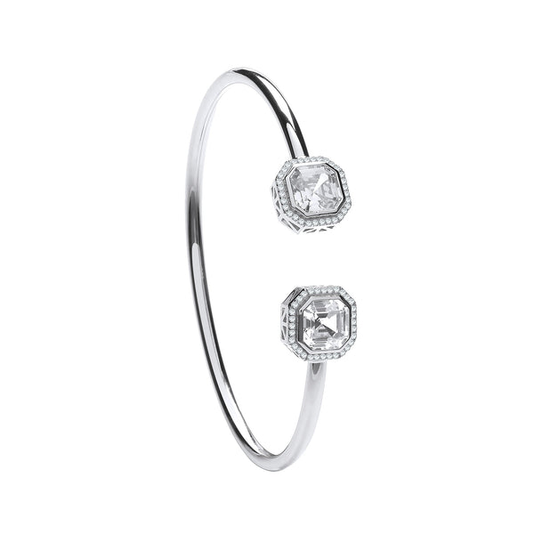 Sterling Silver Cubic Zirconia Bracelet - Silver Octagon CZ Torque Hollow Bangle - by Hearts Forever Jewellers