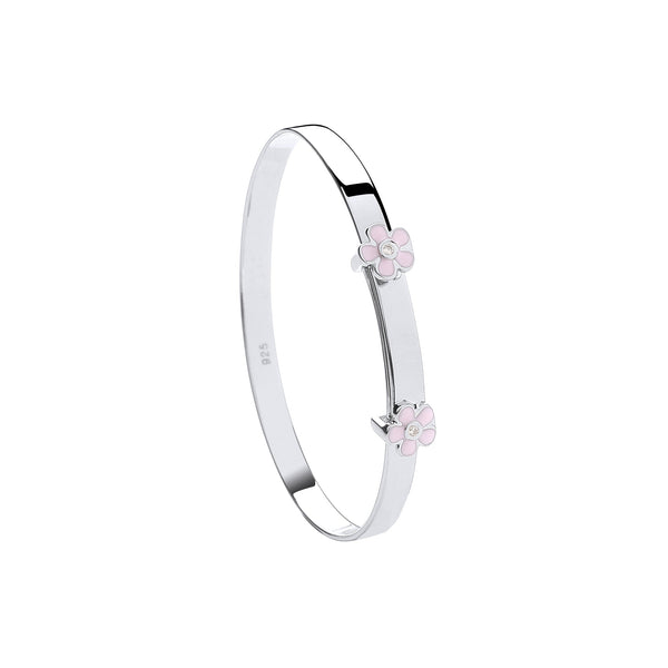 Sterling Silver Cubic Zirconia Bracelet - Silver Pink Enamel & CZ Flowers Expandable Baby Bangle - by Hearts Forever Jewellers
