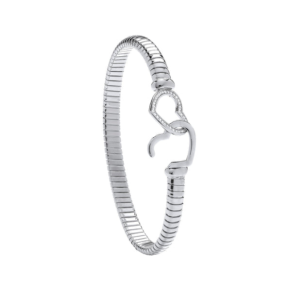 Sterling Silver Bracelet - Silver Hearts Hook, Ribbed Ladies Bangle - by Hearts Forever Jewellers