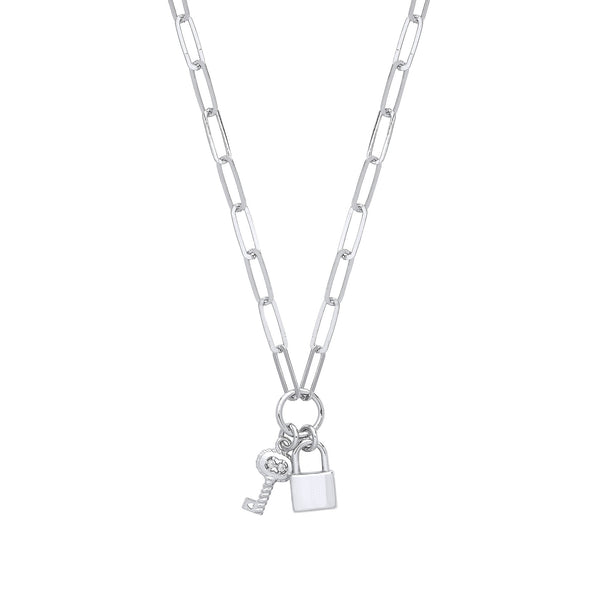 Sterling Silver Cubic Zirconia Necklace - Silver Paper Clip Chain , Padlock & CZ Key Necklace - by Hearts Forever Jewellers