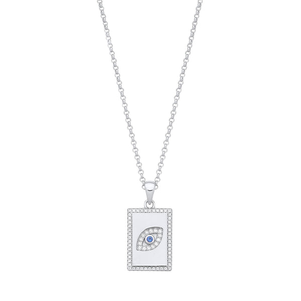 Sterling Silver Cubic Zirconia Necklace - Silver Dog Tag CZs Evil Eye Pendant on Chain - by Hearts Forever Jewellers