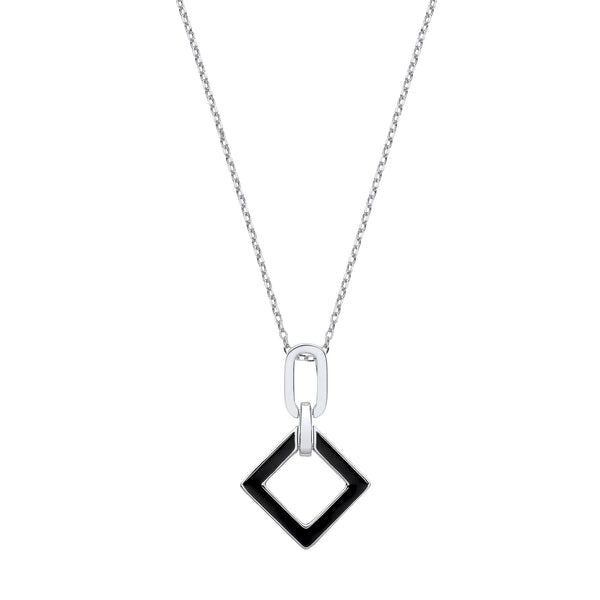 Sterling Silver Necklace - Silver Square Black Enamel Pendant Chain - by Hearts Forever Jewellers