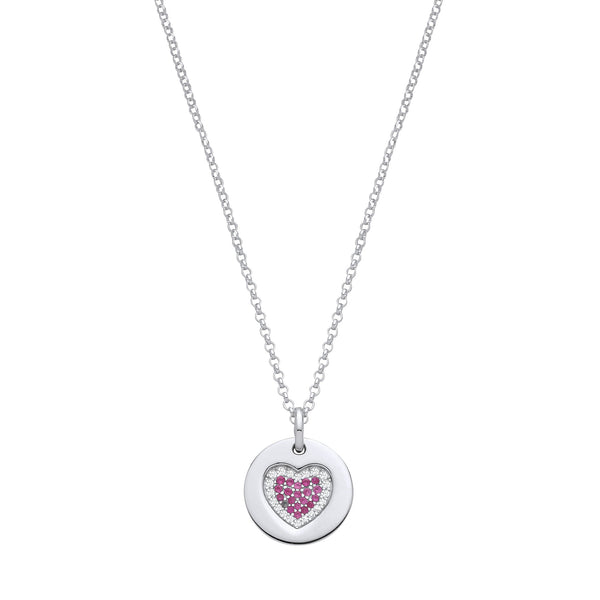 Sterling Silver Cubic Zirconia Necklace - Silver Chain with Pink CZs Heart on Circle Pendant - by Hearts Forever Jewellers