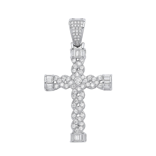 Sterling Silver Cubic Zirconia Jewellery - Silver Plait Style Fancy Cz Cross - by Hearts Forever Jewellers