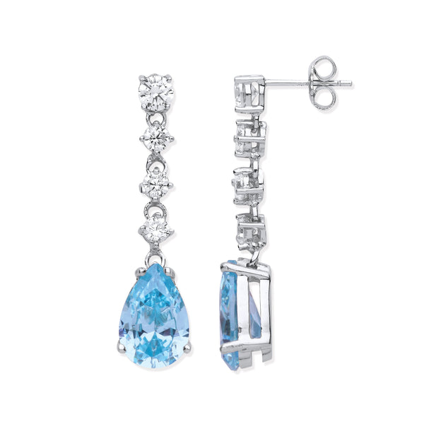 Sterling Silver Cubic Zirconia Ring - Silver Clear & Aquamarine Colour CZs Long Drop Earrings - by Hearts Forever Jewellers