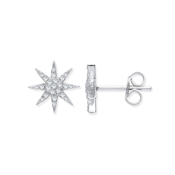Sterling Silver Cubic Zirconia Earrings - Silver Starburst CZ Studs - by Hearts Forever Jewellers