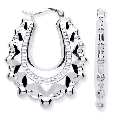 Sterling Silver Earrings - Silver Embossed Hinged Oval Creoles - by Hearts Forever Jewellers