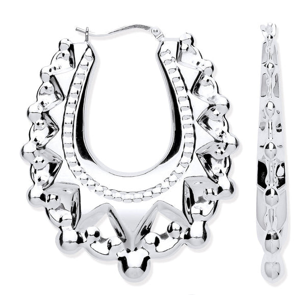 Sterling Silver Earrings - Silver Embossed Hinged Large Oval Creoles - by Hearts Forever Jewellers
