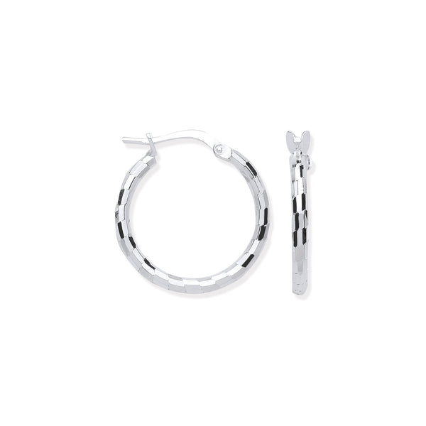 Sterling Silver Earrings - Silver 15mm Hoop, Checkerboard Design - by Hearts Forever Jewellers