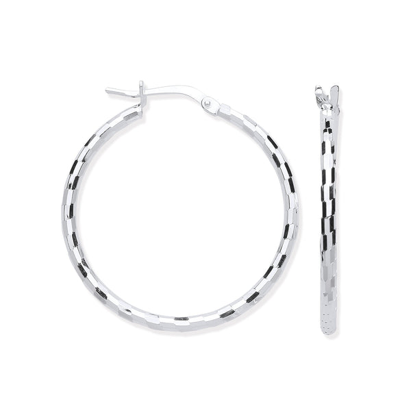 Sterling Silver Earrings - Silver 25mm Hoop, Checkerboard Design - by Hearts Forever Jewellers
