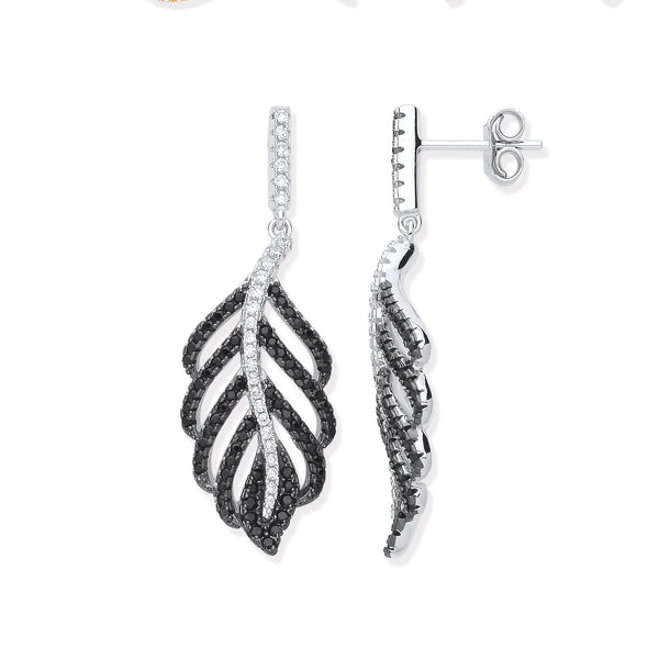 Sterling Silver Cubic Zirconia Ring - Silver Black & Clear CZ Leaf Drop Earrings - by Hearts Forever Jewellers