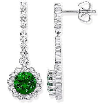 Sterling Silver Cubic Zirconia Ring - Silver Round Green CZ Long Drop Earrings - by Hearts Forever Jewellers