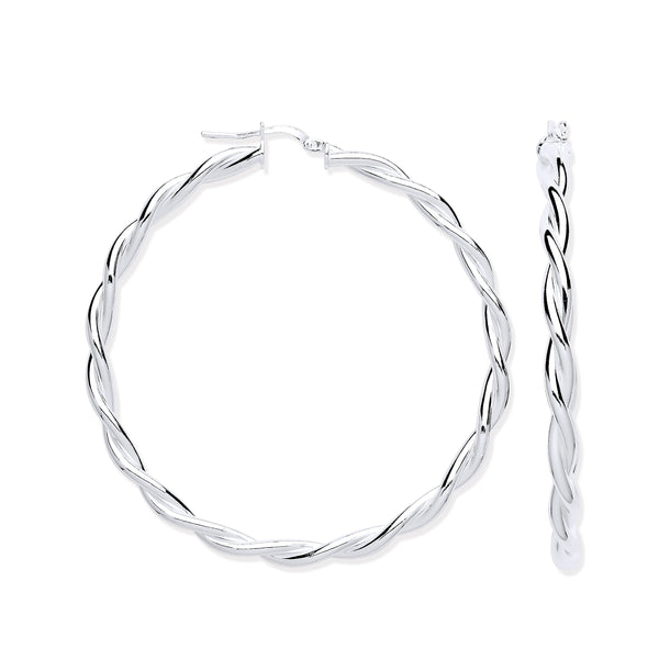 Sterling Silver Ring - Silver Twist Hoop 50mm Earrings - by Hearts Forever Jewellers