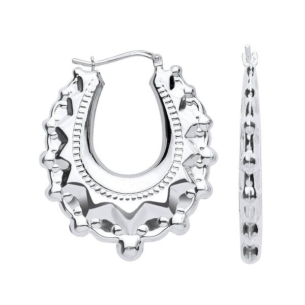 Sterling Silver Earrings - Silver Embossed Hinged Medium Oval Creoles - by Hearts Forever Jewellers