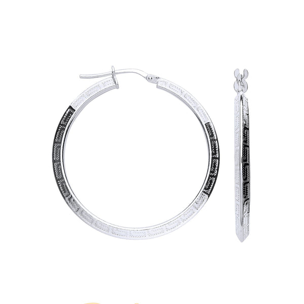 Sterling Silver Ring - Silver Greek Key 35mm Hoop Hollow Earrings - by Hearts Forever Jewellers