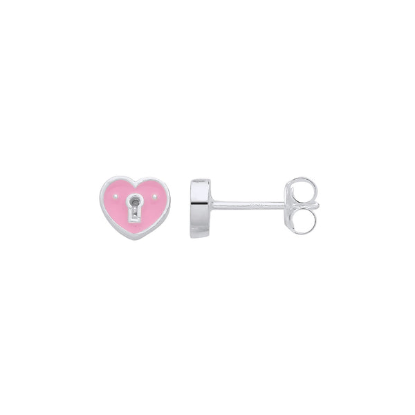Sterling Silver Ring - Silver Pink Enamel Heart Keyhole Stud Earrings - by Hearts Forever Jewellers