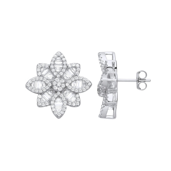 Sterling Silver Cubic Zirconia Earrings - Silver CZ Big Flower Studs - by Hearts Forever Jewellers