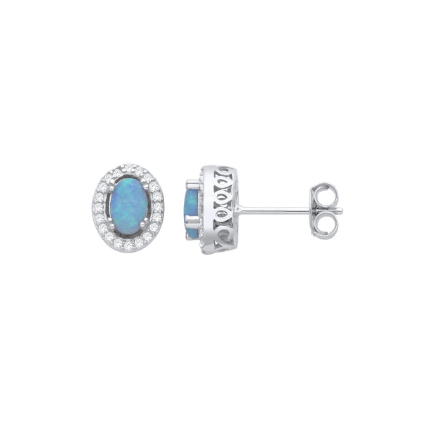 Sterling Silver Ring - Silver Blue Opal Halo Oval Stud Earrings - by Hearts Forever Jewellers