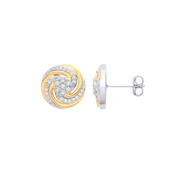 Sterling Silver Cubic Zirconia Earrings - Silver & YG CZ Plated Swirl Stud - by Hearts Forever Jewellers