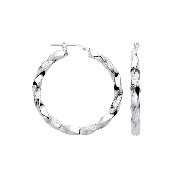 Sterling Silver Ring - Silver Greek Key Twist Hoop 37mm Earrings - by Hearts Forever Jewellers