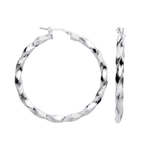 Sterling Silver Ring - Silver Greek Key Twist Hoop 48mm Earrings - by Hearts Forever Jewellers