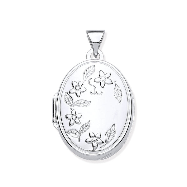 Sterling Silver Jewellery - Silver Engraved Flower Oval Locket - by Hearts Forever Jewellers