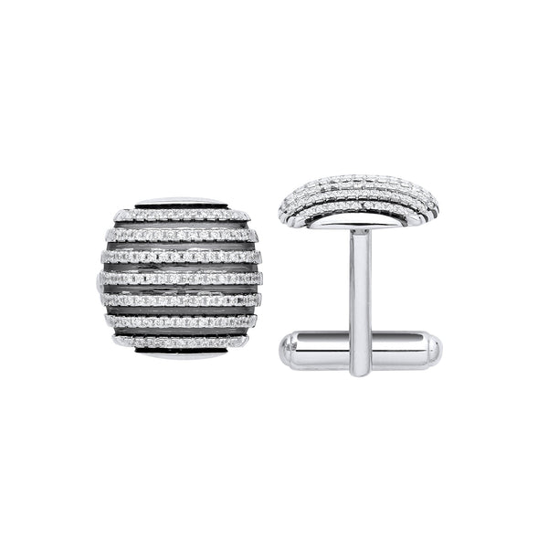 Sterling Silver Cubic Zirconia Jewellery - Silver & Black Stripes, CZ Domed Cufflinks - by Hearts Forever Jewellers