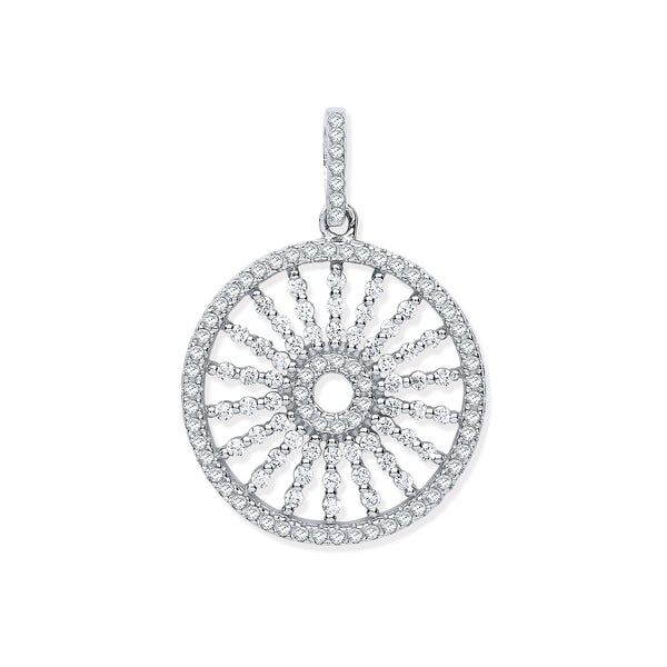 Sterling Silver Cubic Zirconia Necklace - Silver Circle with Burst Lines Cz Pendant - by Hearts Forever Jewellers