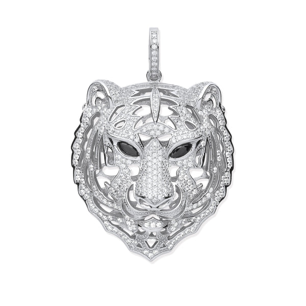 Sterling Silver Cubic Zirconia Necklace - Silver CZ Tiger Head Black CZ Eyes Pendant - by Hearts Forever Jewellers