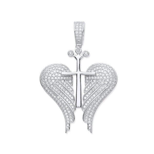 Sterling Silver Cubic Zirconia Necklace - Silver CZ Open Angel Wings with Royal Cross Pendant - by Hearts Forever Jewellers