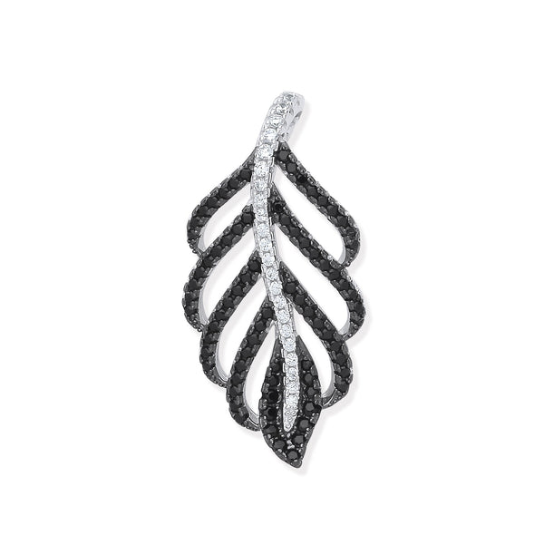 Sterling Silver Cubic Zirconia Necklace - Silver Black & Clear CZ Leaf Drop Pendant - by Hearts Forever Jewellers