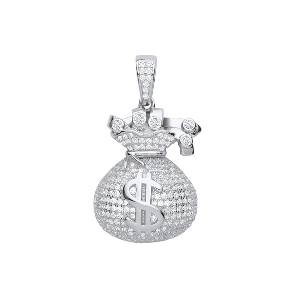 Sterling Silver Cubic Zirconia Necklace - Silver $ Money Bag CZ Hollow Pendant - by Hearts Forever Jewellers