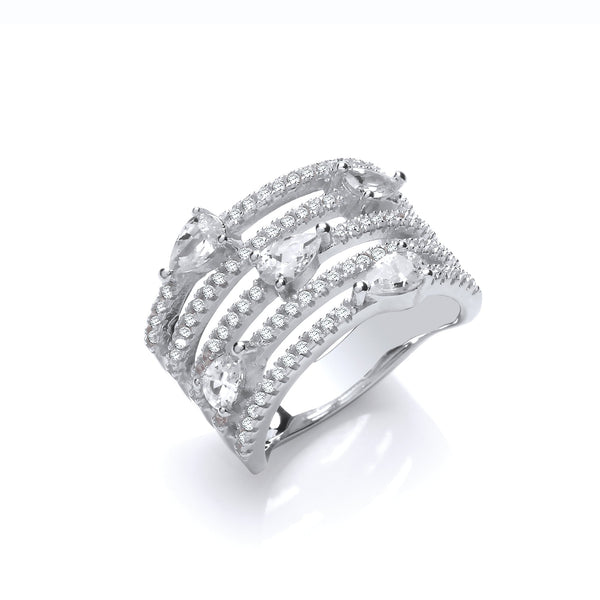 Sterling Silver Cubic Zirconia Ring - Silver Five Rows Round & Pear Shape Cz Ring J - by Hearts Forever Jewellers