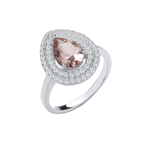 Sterling Silver Cubic Zirconia Ring - Silver Double Cz Pear Halo & Synthetic Morganite Ring - by Hearts Forever Jewellers