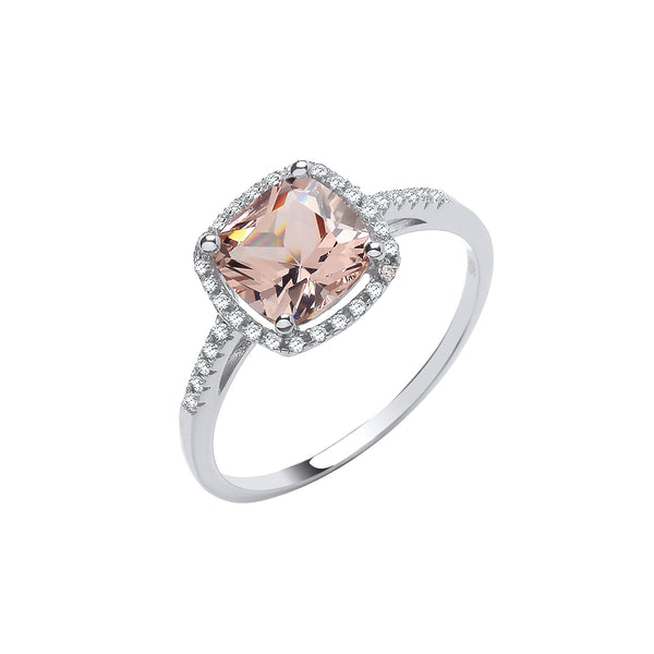 Sterling Silver Cubic Zirconia Ring - Silver Cushion Cut Synthetic Morganite & Cz Halo Ring - by Hearts Forever Jewellers