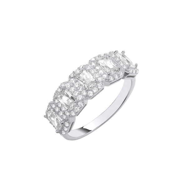 Sterling Silver Cubic Zirconia, Emerald Ring - Silver 5 Emerald Cut CZs Halo Ring - by Hearts Forever Jewellers