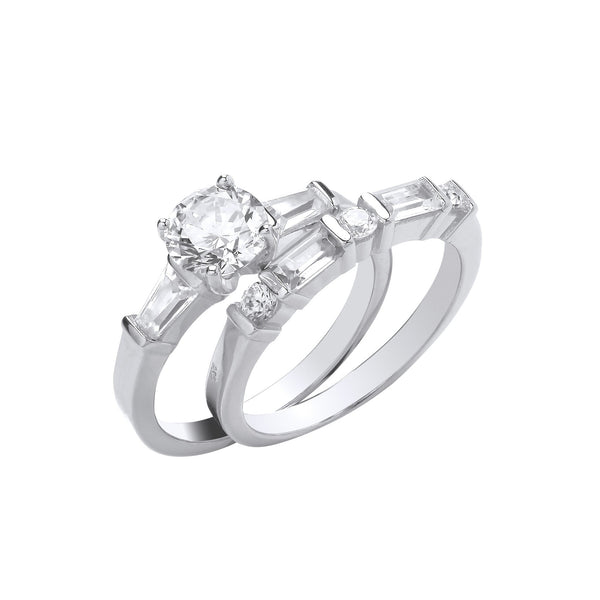 Sterling Silver Cubic Zirconia Ring - Silver Round and Baguette CZ Bridal Set Rings - by Hearts Forever Jewellers