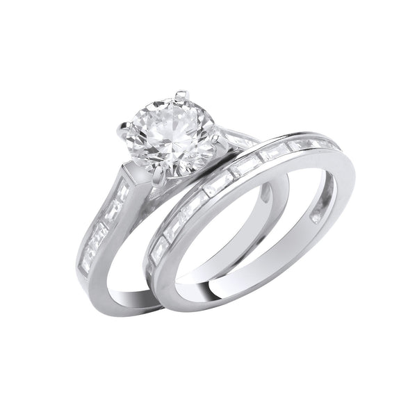 Sterling Silver Cubic Zirconia Ring - Silver Round & Baguette 8mm Centre CZ Bridal Set Rings - by Hearts Forever Jewellers