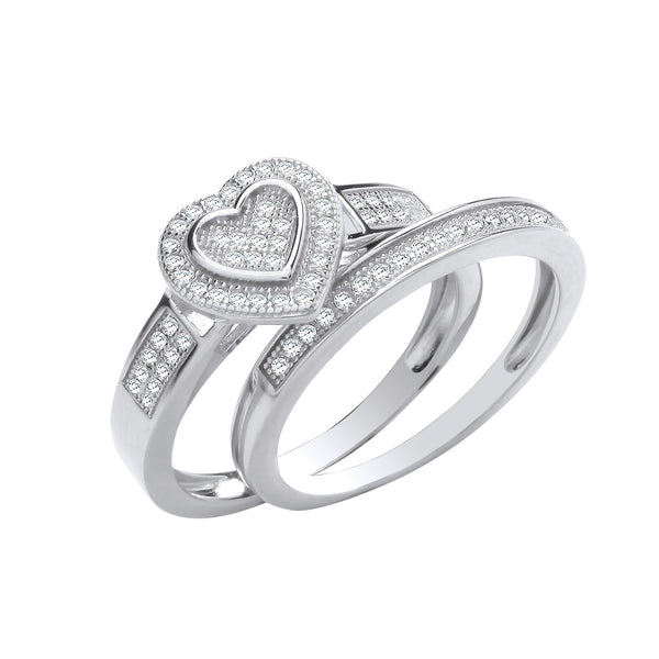 Sterling Silver Cubic Zirconia Ring - Silver Heart Bridal Set CZ Rings - by Hearts Forever Jewellers