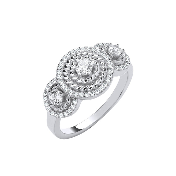 Sterling Silver Cubic Zirconia Ring - Silver Trilogy Halo CZ Ring - by Hearts Forever Jewellers