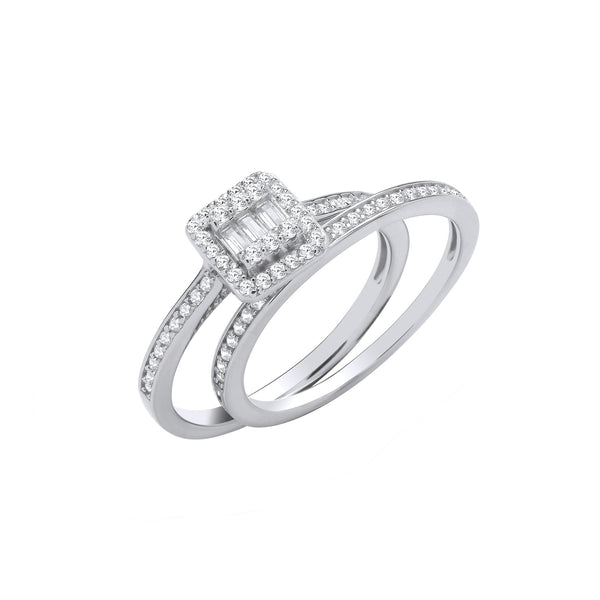 Sterling Silver Cubic Zirconia Ring - Silver Bridal Set Baguettes Centre & Round CZs Half ET Rings - by Hearts Forever Jewellers