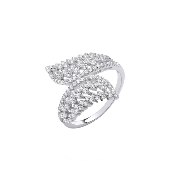 Sterling Silver Cubic Zirconia Ring - Silver Cross Over Leaf Style CZs Rings - by Hearts Forever Jewellers
