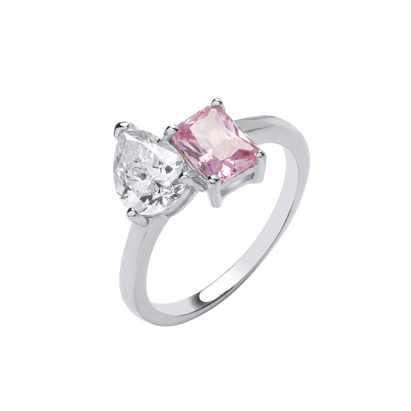 Sterling Silver Cubic Zirconia Ring - Silver Cross Over Pear Clear Cz & Pink Cz Ring - by Hearts Forever Jewellers