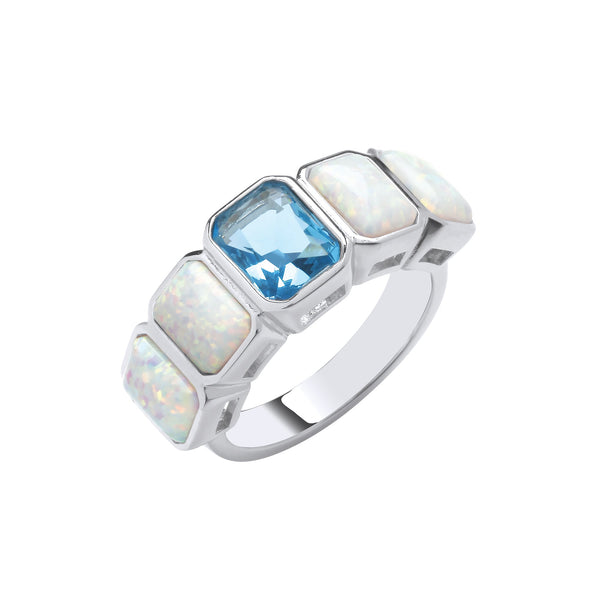 Sterling Silver Cubic Zirconia Ring - Silver Opal & Blue CZ Stones Ring - by Hearts Forever Jewellers