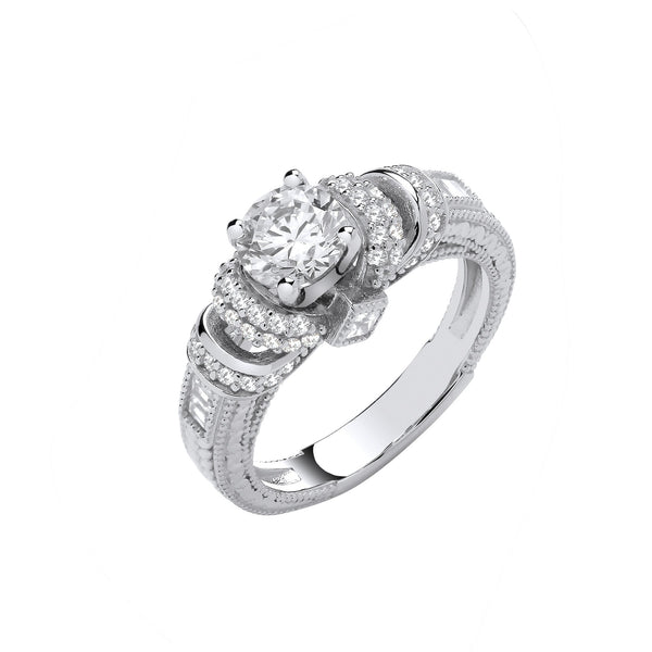 Sterling Silver Cubic Zirconia Ring - Silver Vintage Look, Milgrain Shank Solitaire CZ Ring - by Hearts Forever Jewellers
