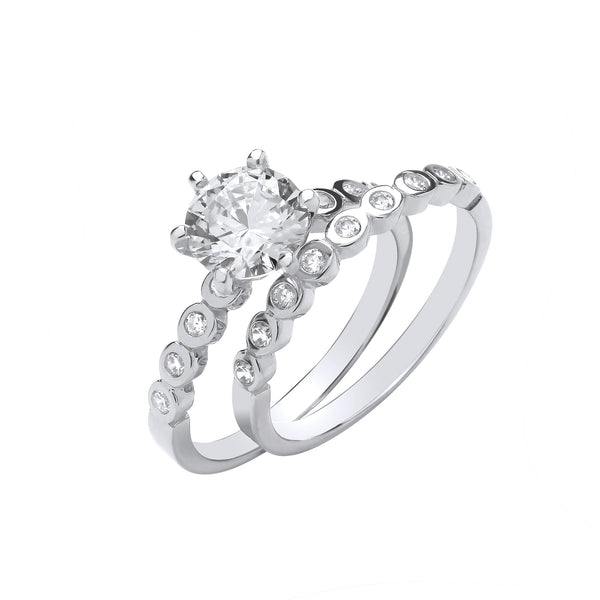 Sterling Silver Cubic Zirconia Ring - Silver Bridal Set Big CZ S/S & Rubover Half ET Rings - by Hearts Forever Jewellers