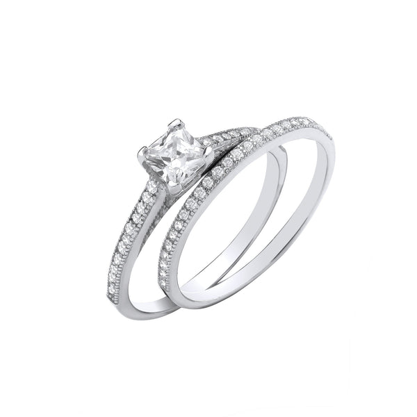 Sterling Silver Cubic Zirconia Princess Cut Ring - Silver Bridal Set P/Cut Centre CZ Half ET Rings - by Hearts Forever Jewellers