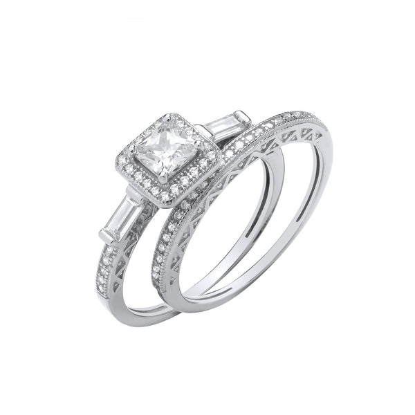 Sterling Silver Cubic Zirconia Princess Cut Ring - Silver Bridal Set P/Cut & Baguette CZs Half ET Rings - by Hearts Forever Jewellers